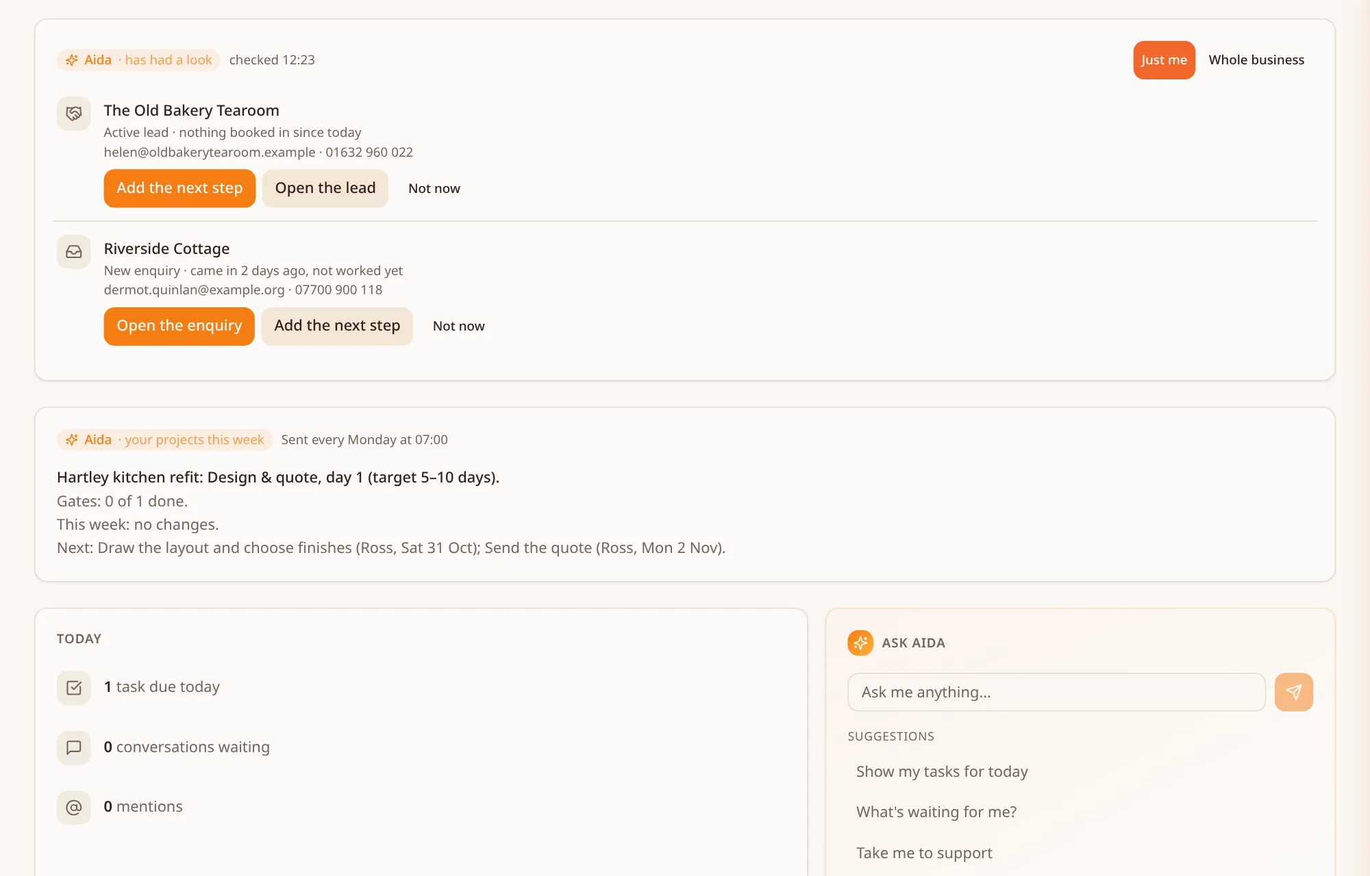 Aida's list on the Home page naming a customer with no next step, an enquiry not yet picked up, and a weekly project summary.