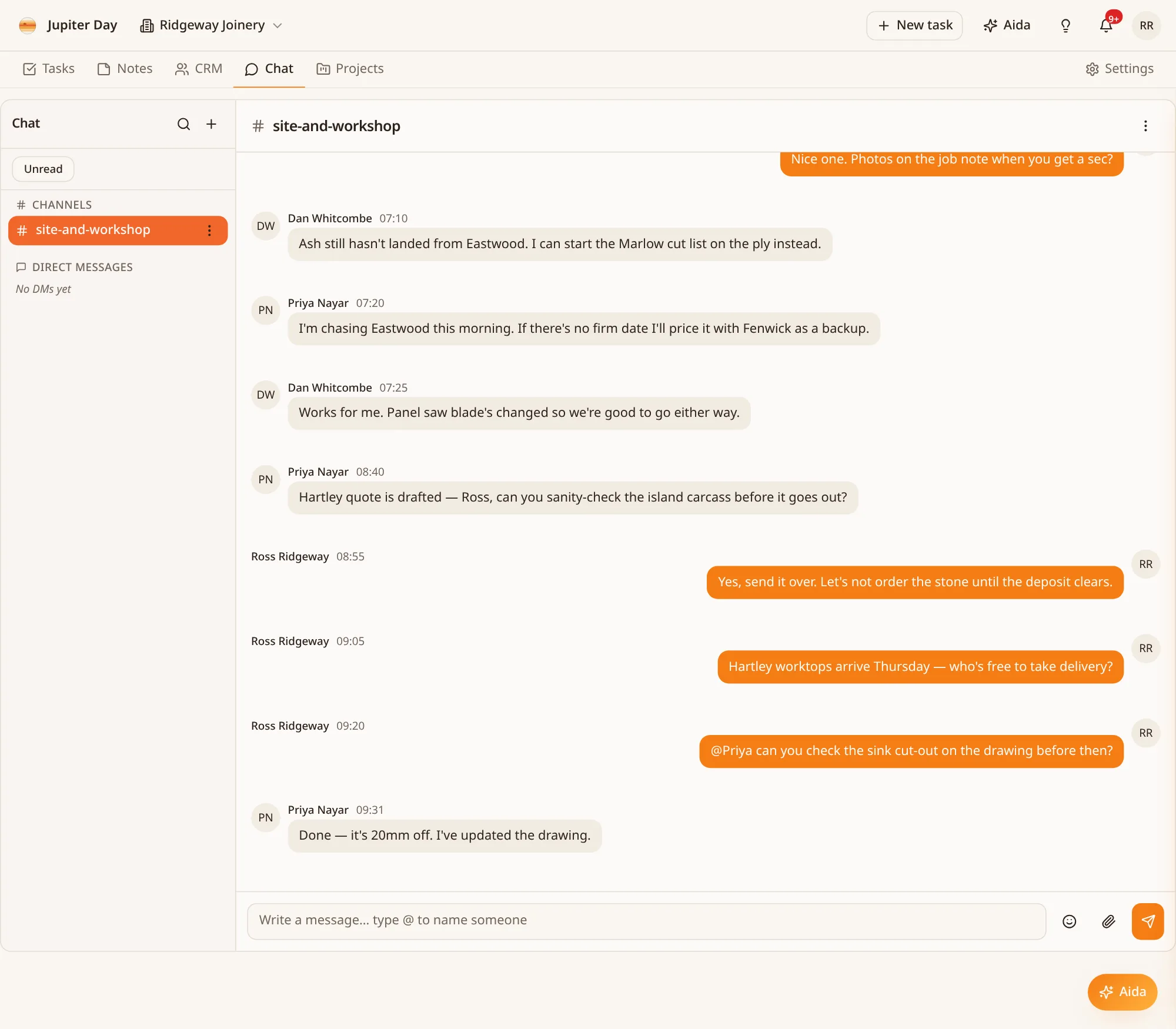 A team chat channel with messages from colleagues, including an @mention.
