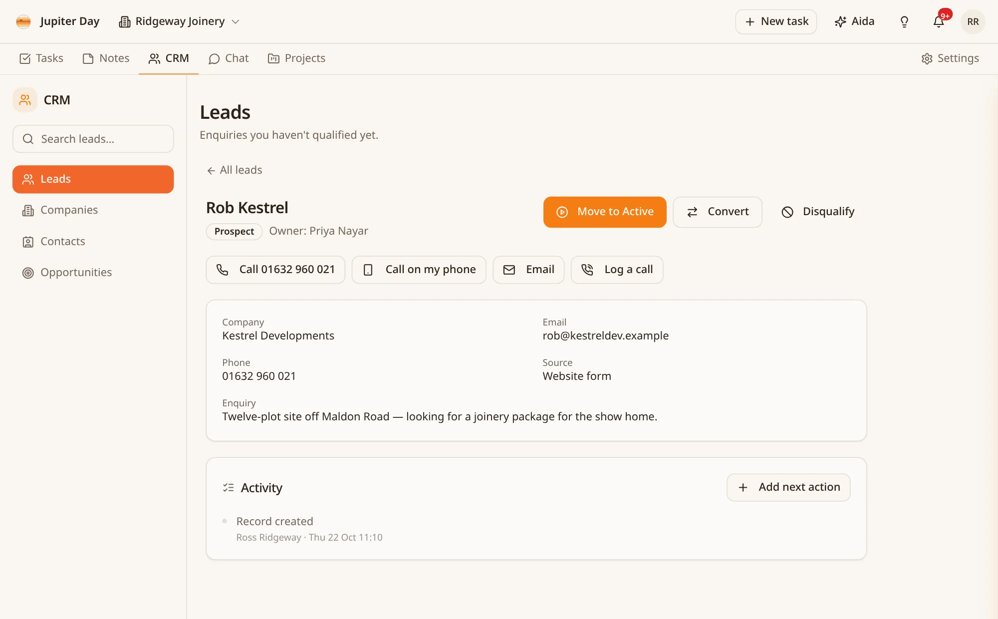 A lead record showing contact details, the enquiry and its activity history.