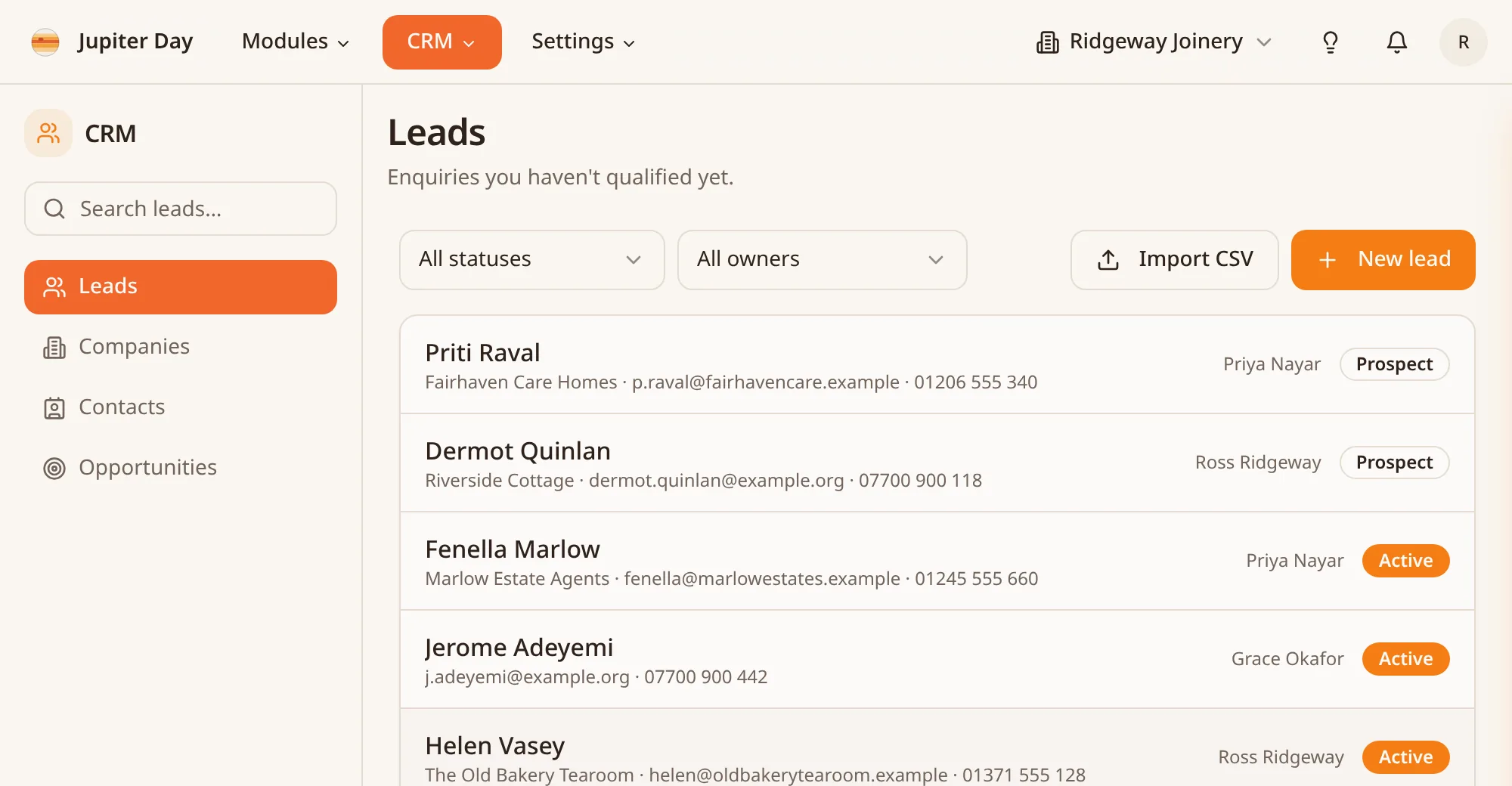 Jupiter Day CRM leads list showing enquiries with the owner and status for each