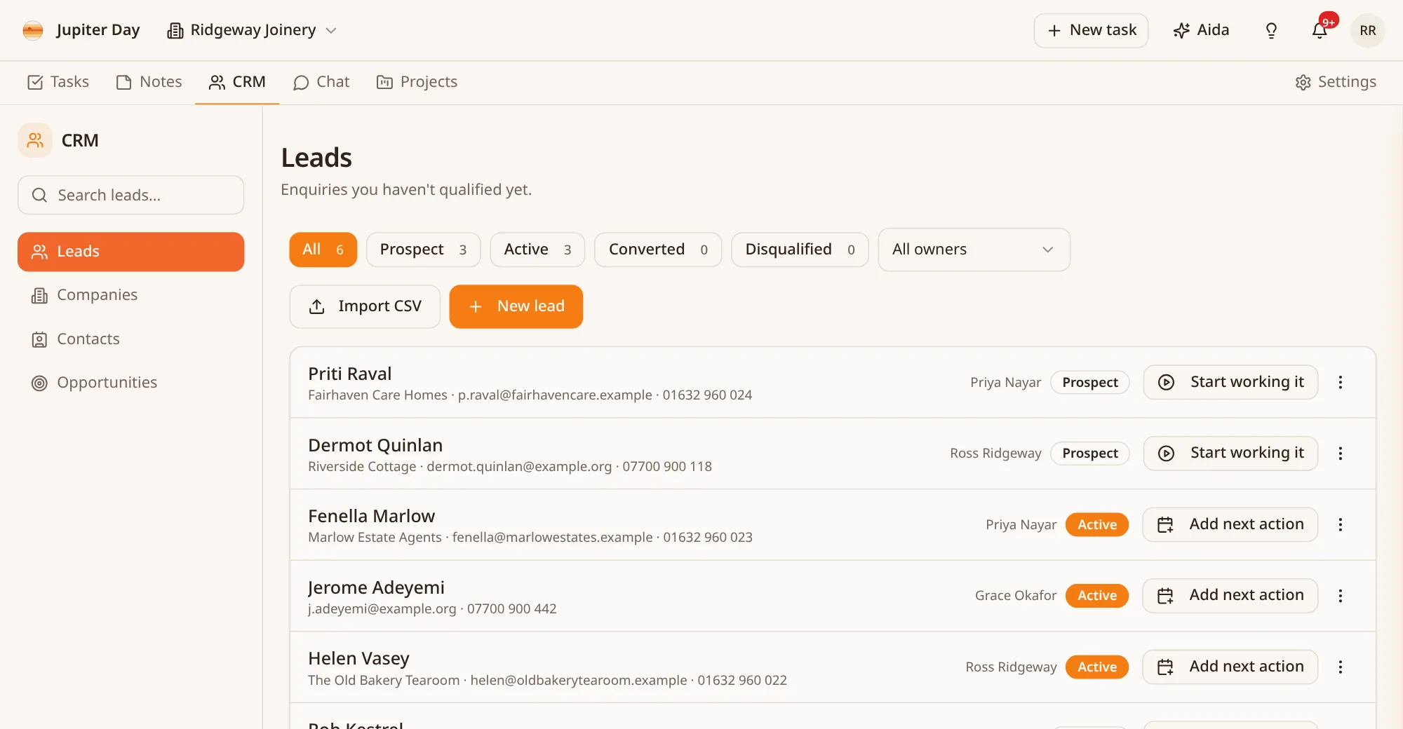 CRM leads list showing each lead's company, owner and status.