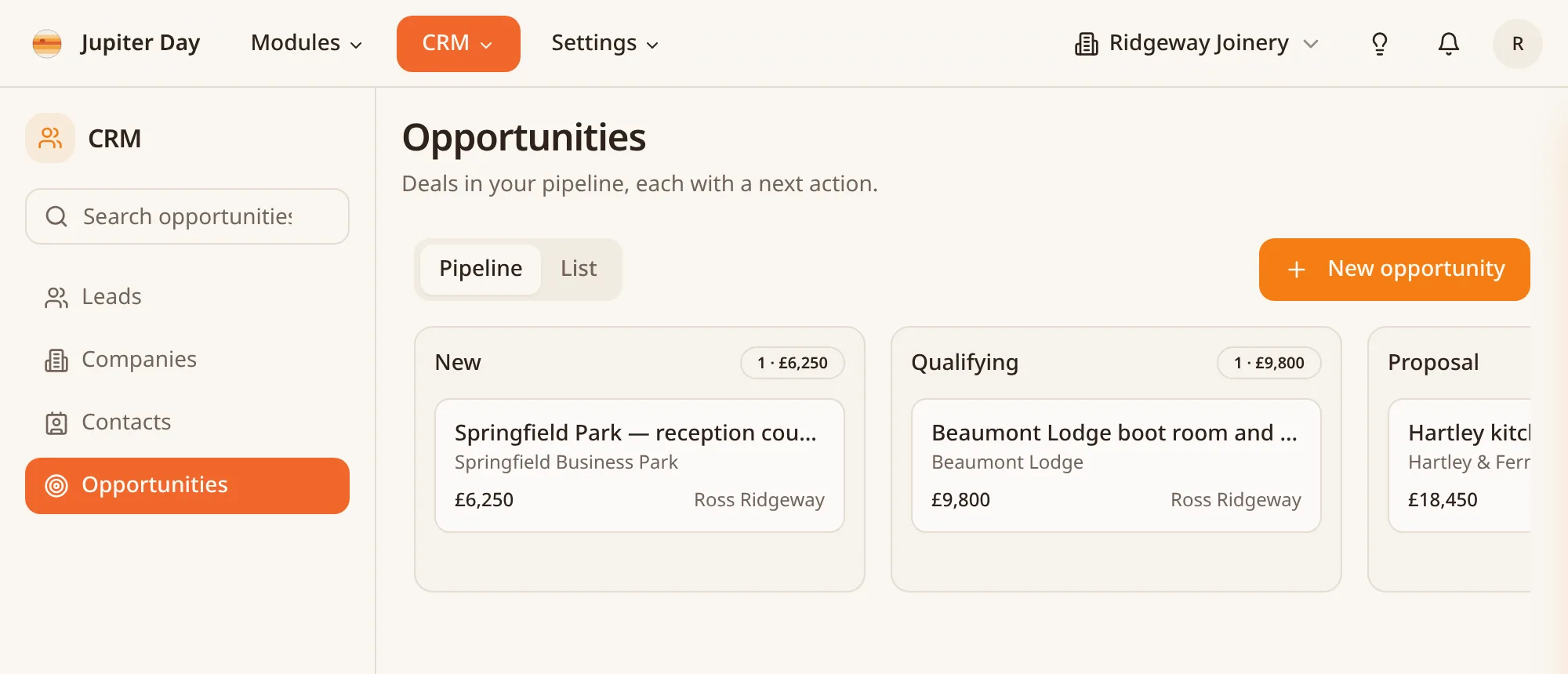 Jupiter Day CRM pipeline board with New, Qualifying and Proposal stages and deal values