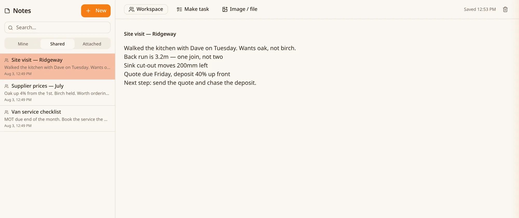 A shared Jupiter Day note about a customer site visit, with the notes list beside it