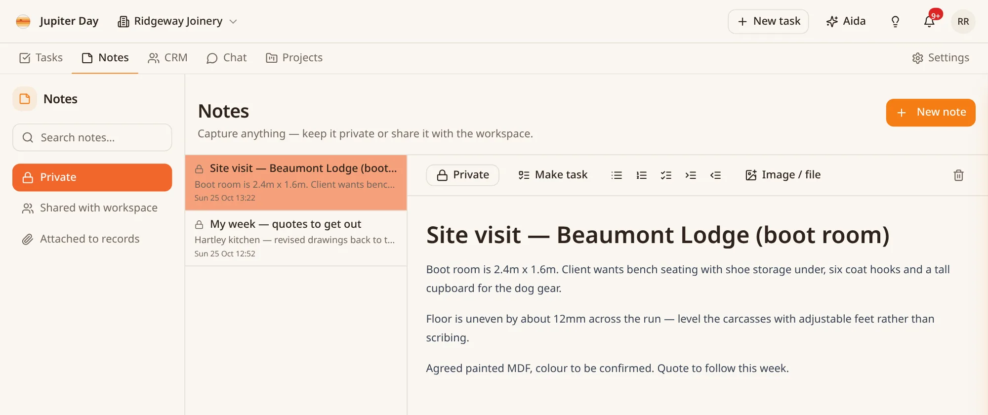 A shared note from a site visit, open beside the list of notes.