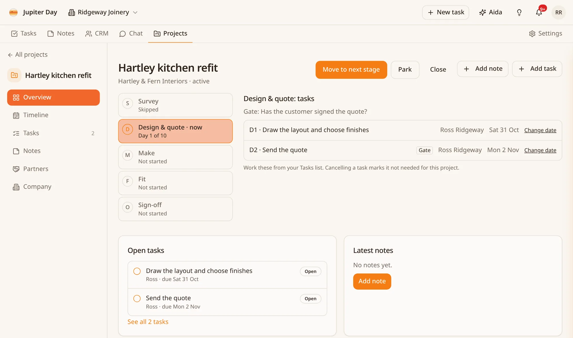 A kitchen refit project with five stages, the current stage highlighted, and its tasks with owners and dates.