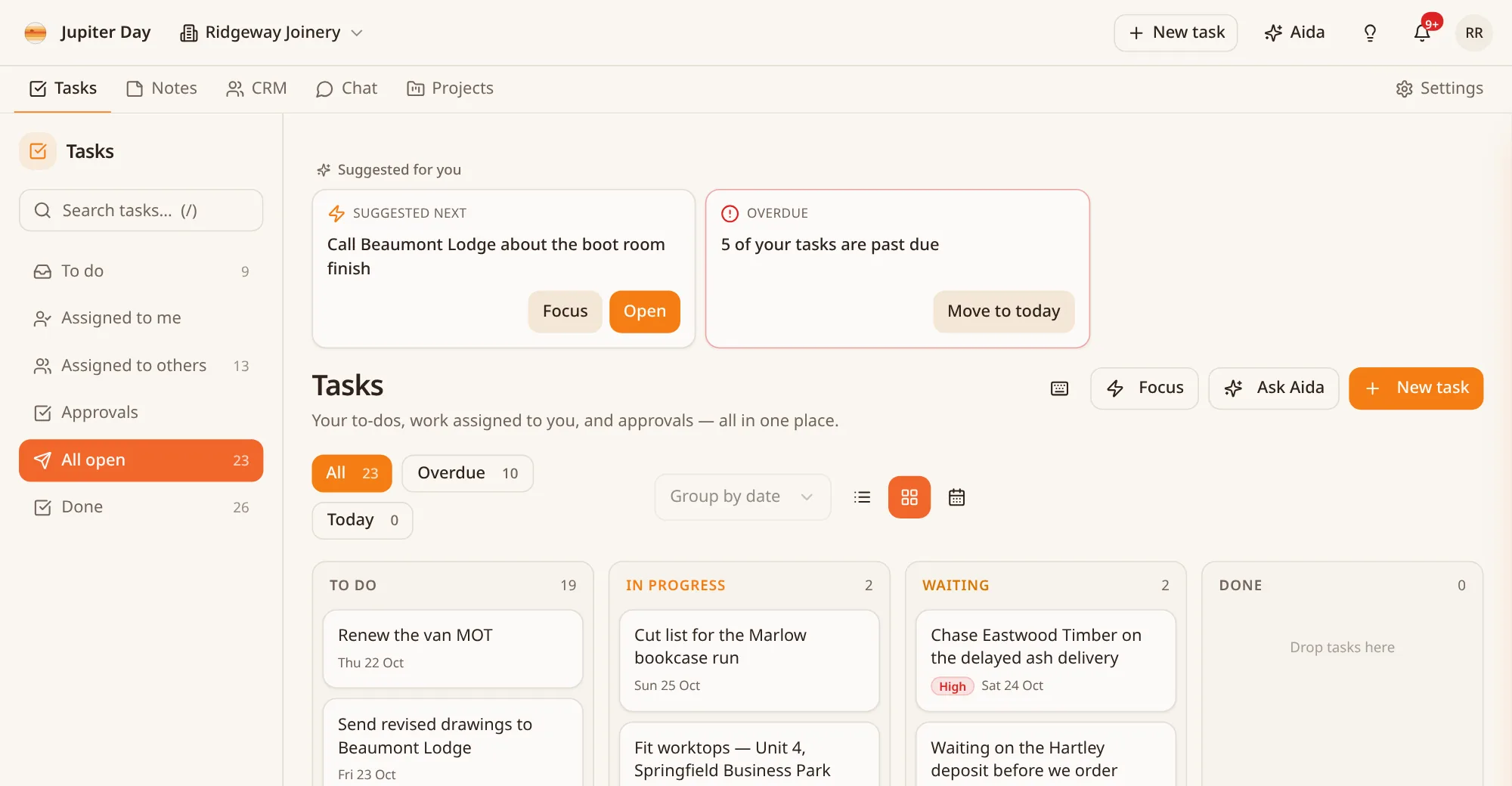 Tasks board view with columns for To do, In progress, Waiting and Done.