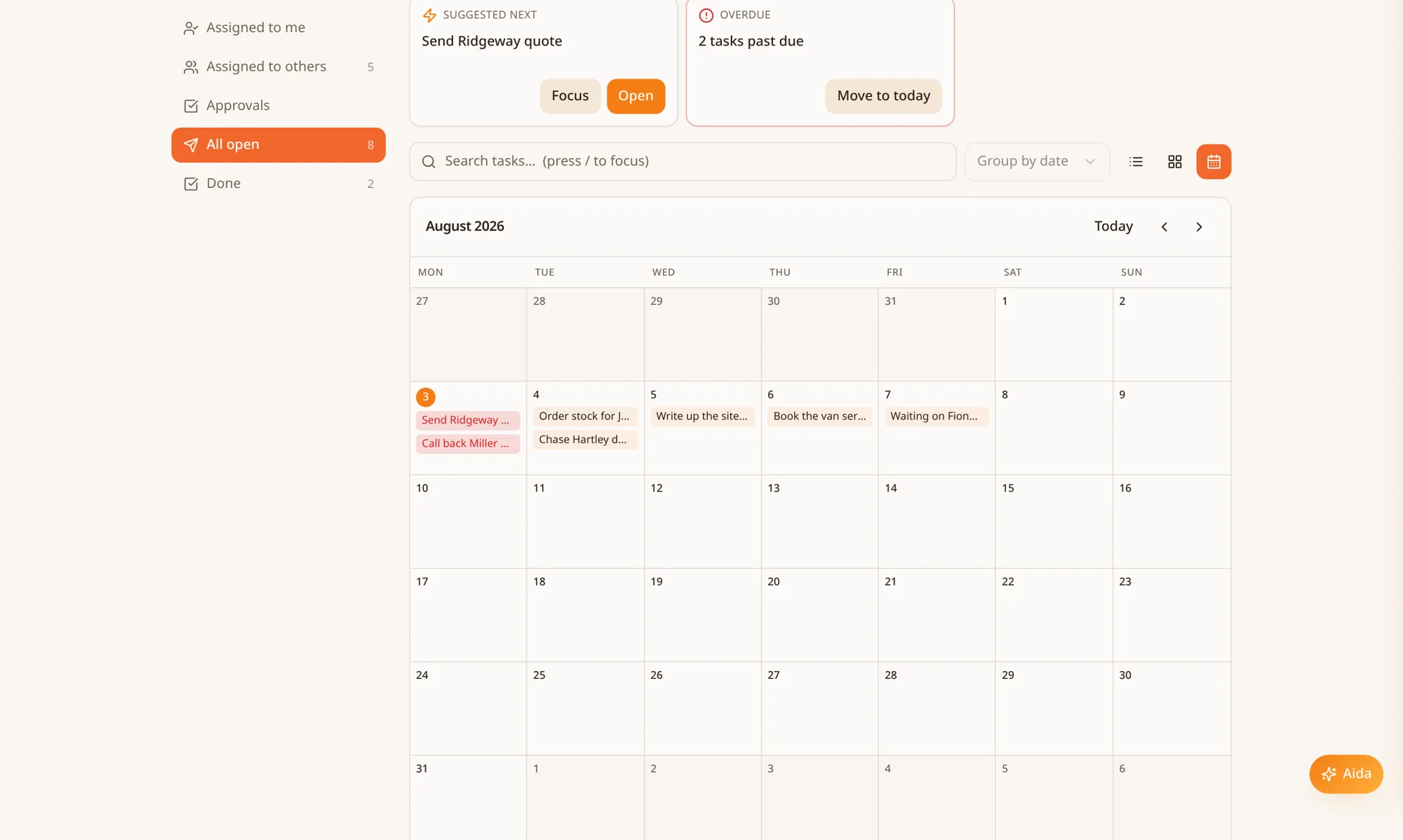Jupiter Day month calendar showing tasks on the days they are due