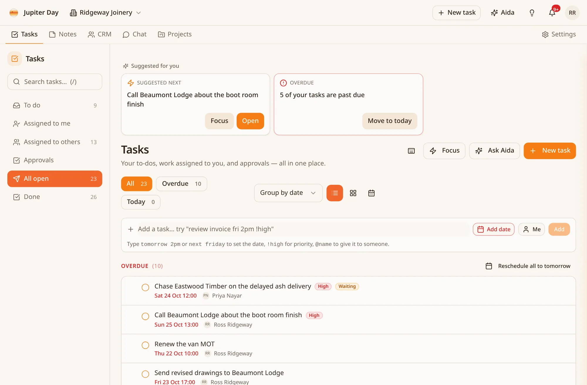Jupiter Day Tasks list showing overdue and upcoming tasks with owners and due dates, and suggested next steps at the top.