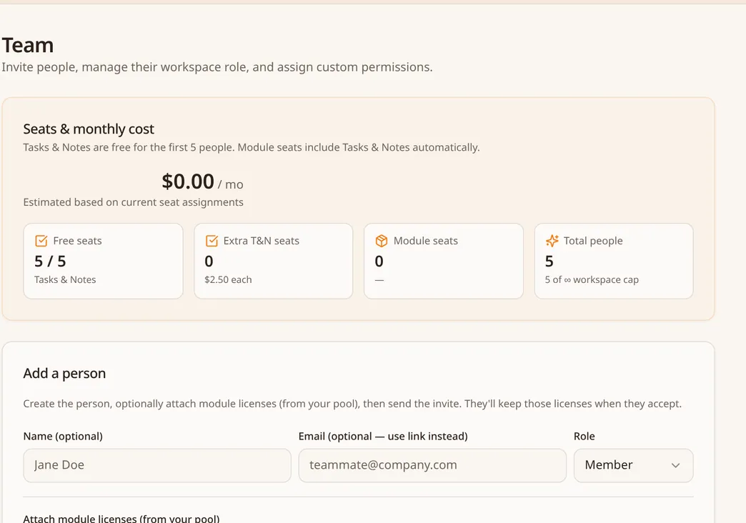 Jupiter Day team settings showing seats, monthly cost and adding a person with a role