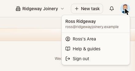 The menu behind your photo (top right): your Area, Help & guides, Sign out.