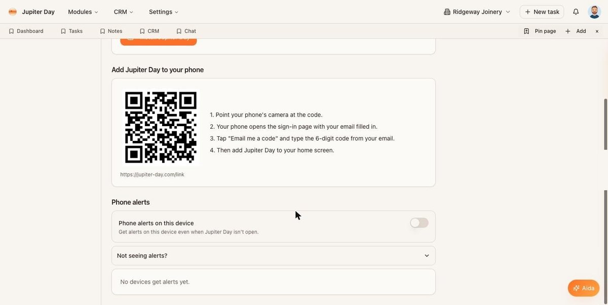 Lower down the Devices page: the phone-alerts switch, the "Not seeing alerts?" help, and your devices.