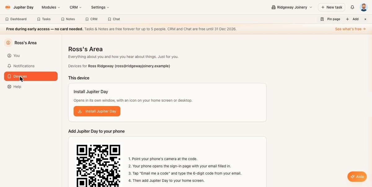 Your Area › Devices: the install card and the QR code for your phone. (The code in this picture is an illustration — the one on your screen is unique to you.)