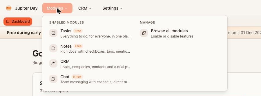 The Modules menu, open.