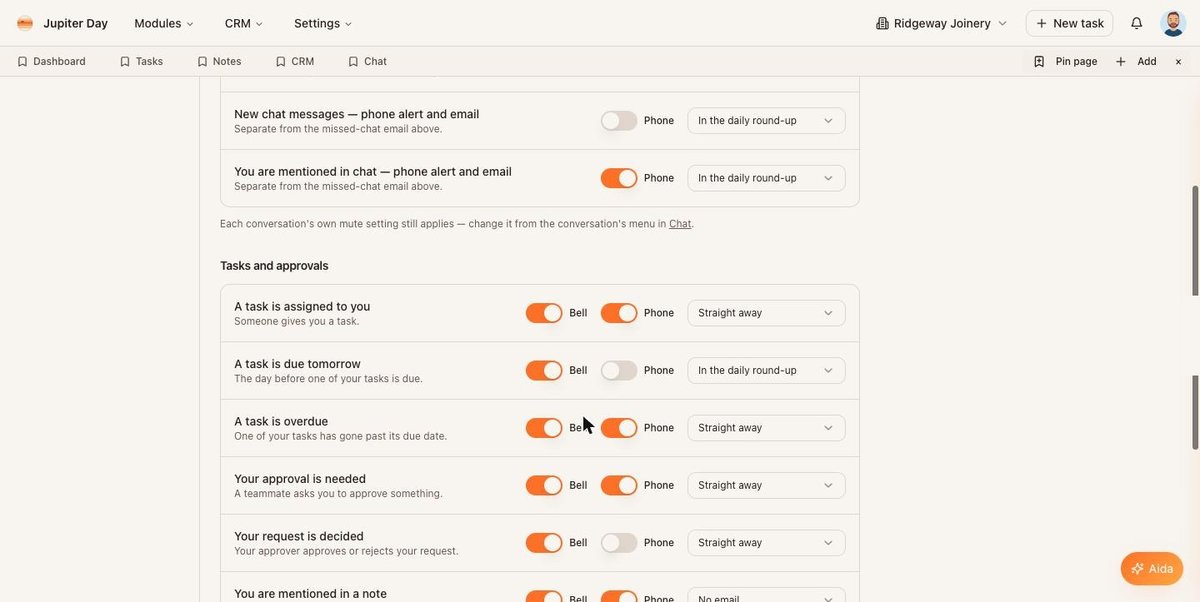 Your Area › Notifications: one row per event, with Bell, Phone and Email controls.