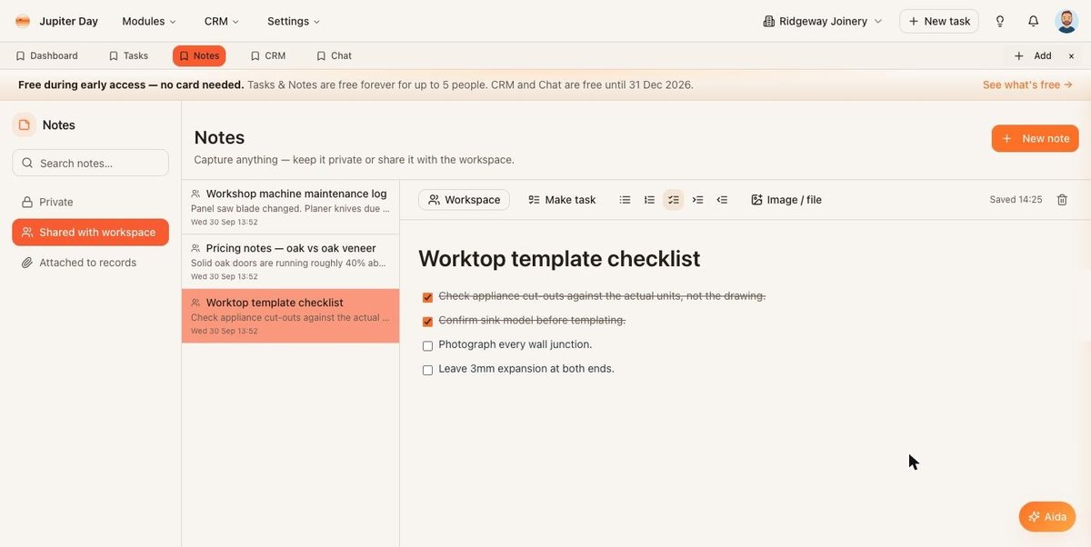A shared note with a checklist: the toolbar across the top, the title, and the page.