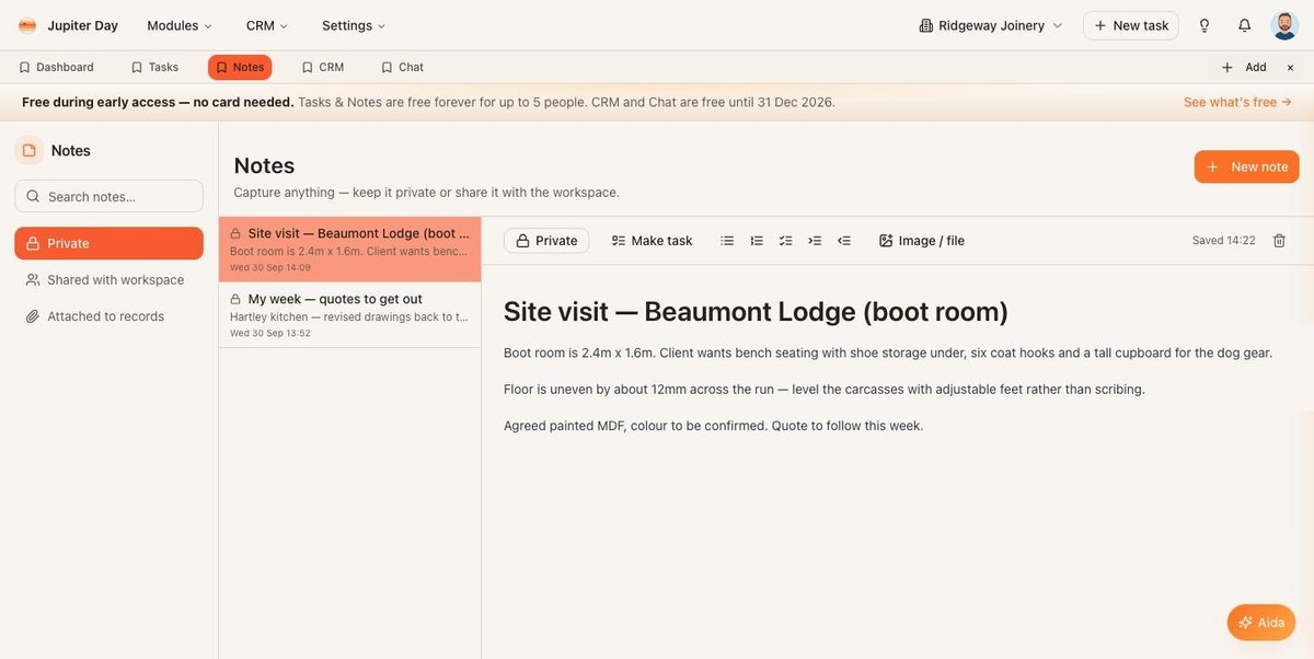 The Notes page: sections down the left, your notes in the middle, the note itself on the right.