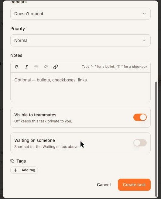 The New task form, bottom half: notes, visibility, waiting, tags.