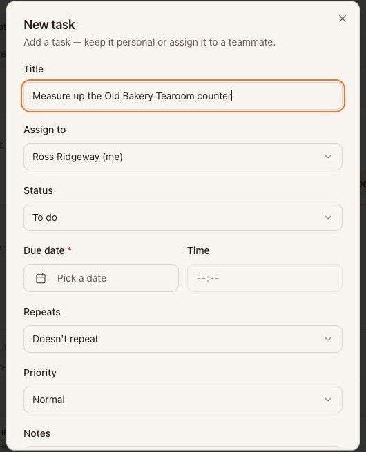 The New task form, top half: title, owner, status, date, time, repeats, priority.
