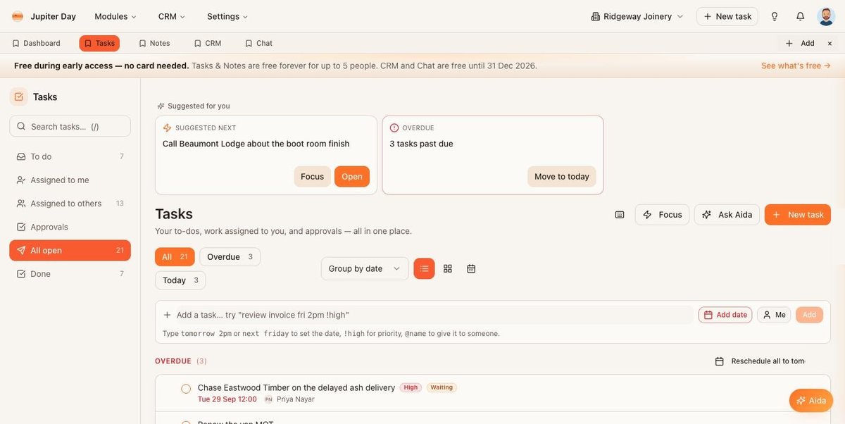 The Tasks page: lists down the left, filters and views across the top, quick add, then the tasks.